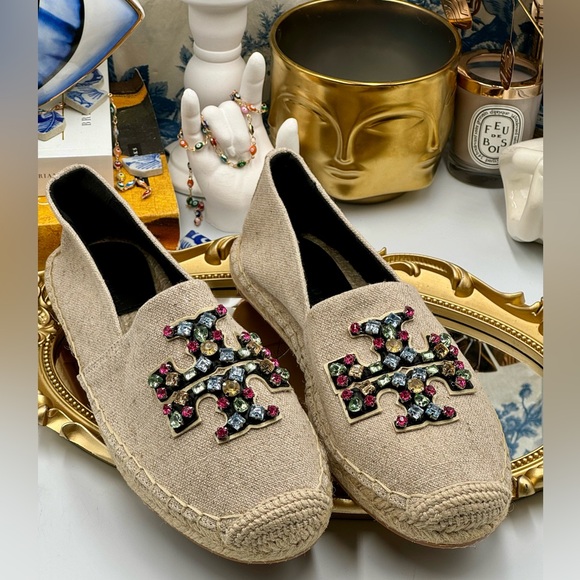🆕 TORY BURCH 🧿 NWOT Ines Linen & Leather Bejewelled Espadrilles - Size 9 - Picture 3 of 16